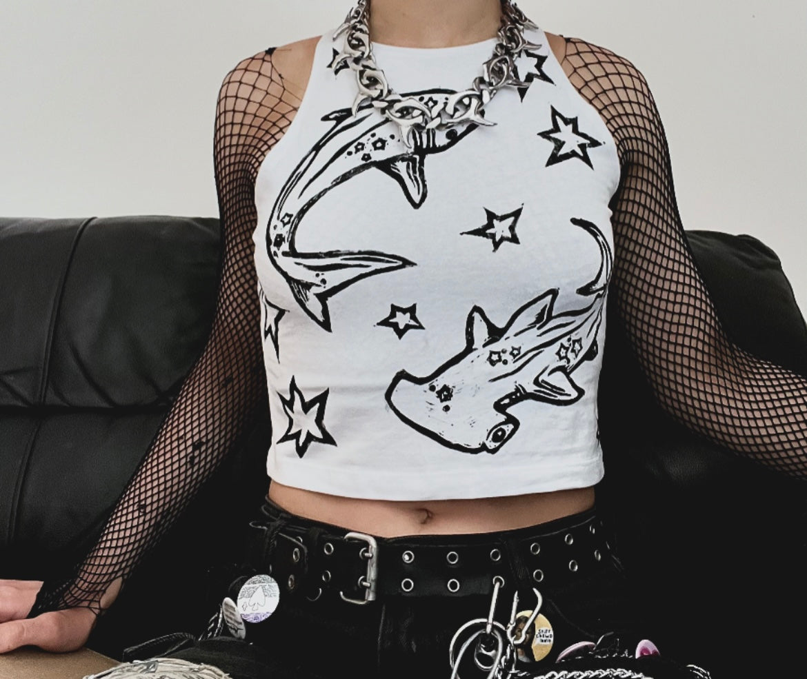 Shark Crop White Tank Top