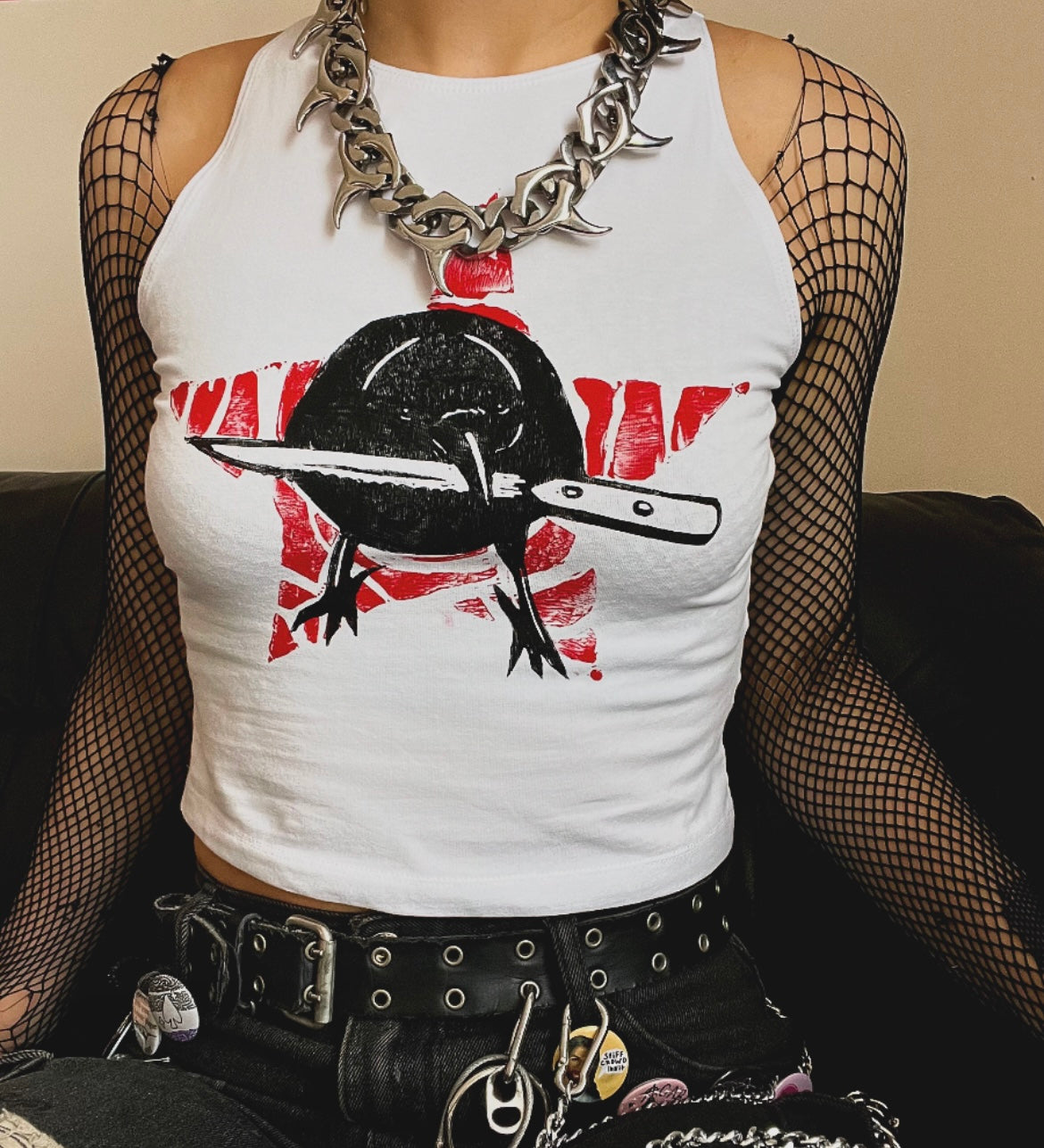 Crow Star Crop White Tank Top