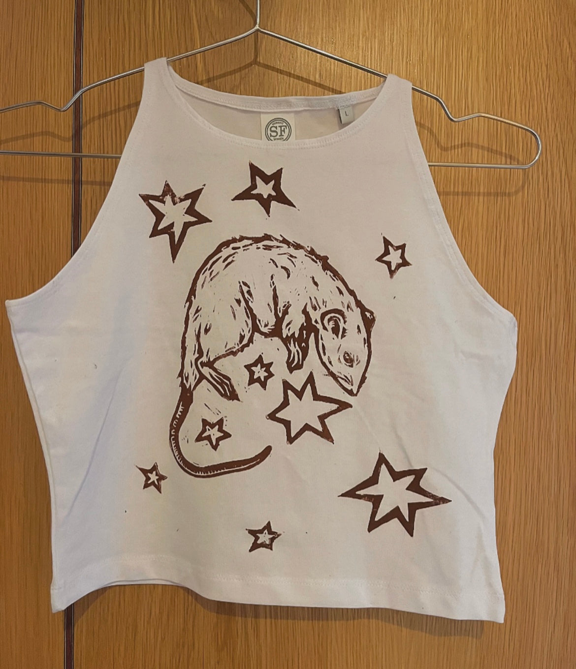 Brown Ink Rat Crop White Tank Top