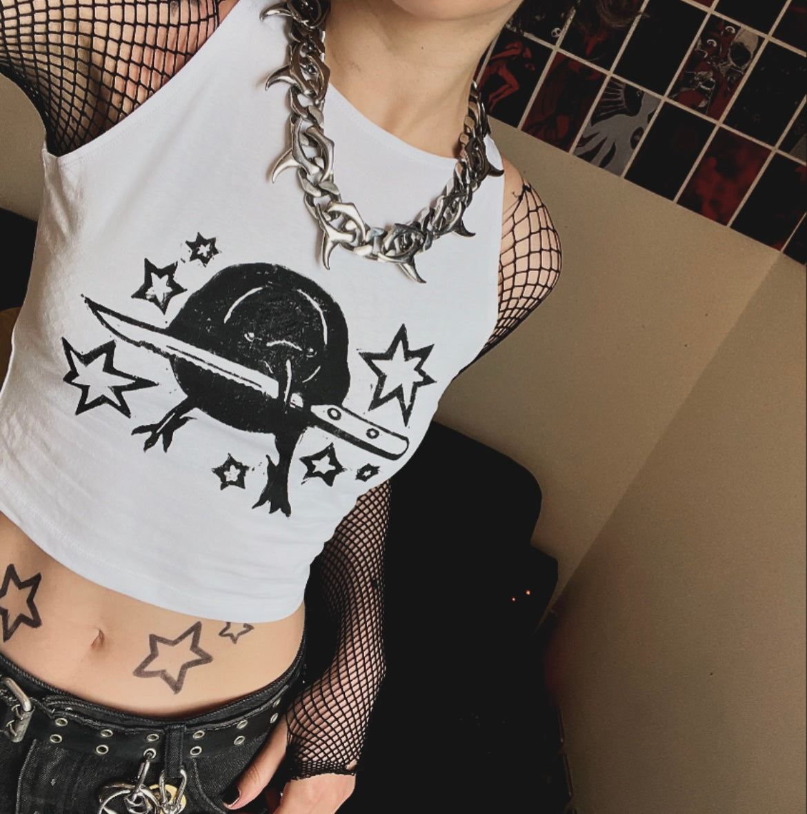 Crow Crop White Tank Top — Variant 2 (Less Stars)