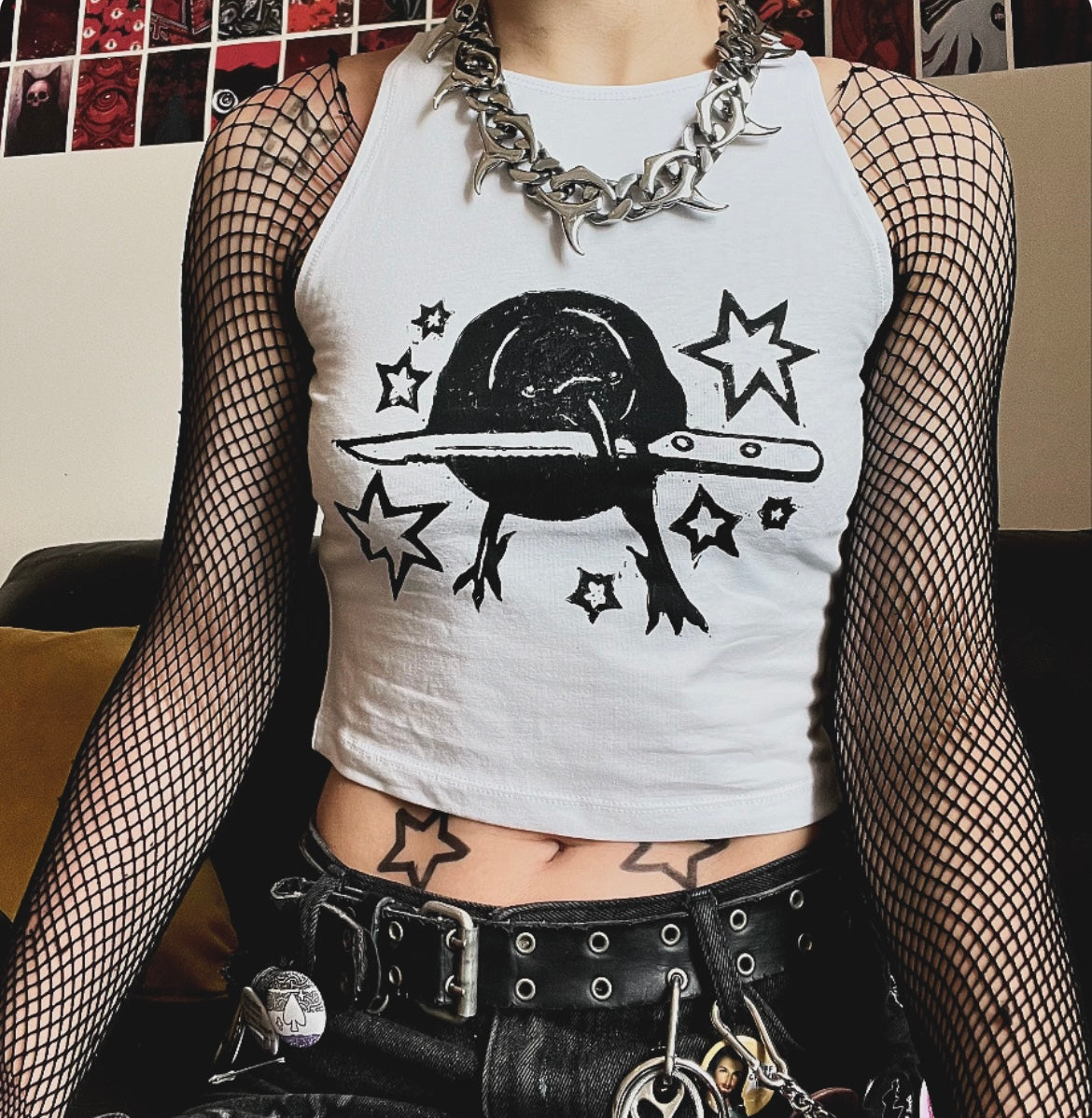 Crow Crop White Tank Top — Variant 2 (Less Stars)