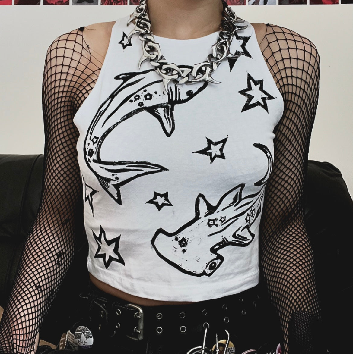 Shark Crop White Tank Top